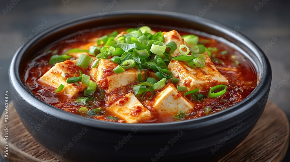 A bowl of kimchi jjigae bubbling with tofu, pork, and red pepper paste on a black ceramic plate under side light leaving room for message overlay A bowl of kimchi jjigae bubbling with tofu, pork, and red pepper paste on a black ceramic plate under side light leaving room for message overlay
