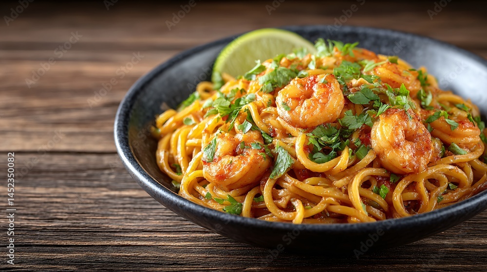 A bowl of spicy pad Thai tossed in chili oil with shrimp and crushed peanuts on a dark wood table under warm light leaving room for text A bowl of spicy pad Thai tossed in chili oil with shrimp and crushed peanuts on a dark wood table under warm light leaving room for text