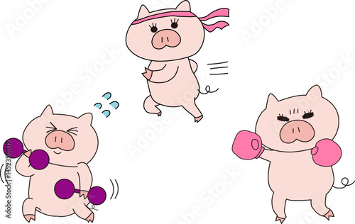 ダイエットのトレーニングするブタの女の子イラスト