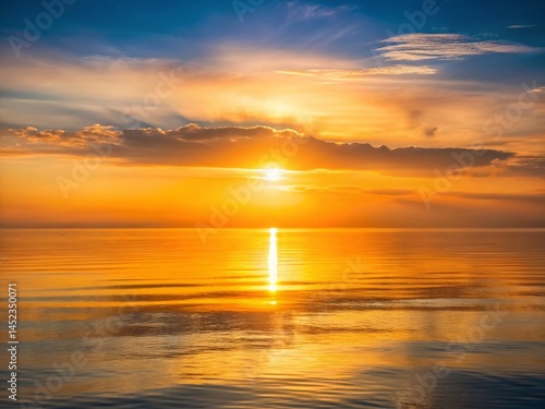 Minimalist Sunrise Seascape: Golden Hour Glow over Calm Ocean Waters