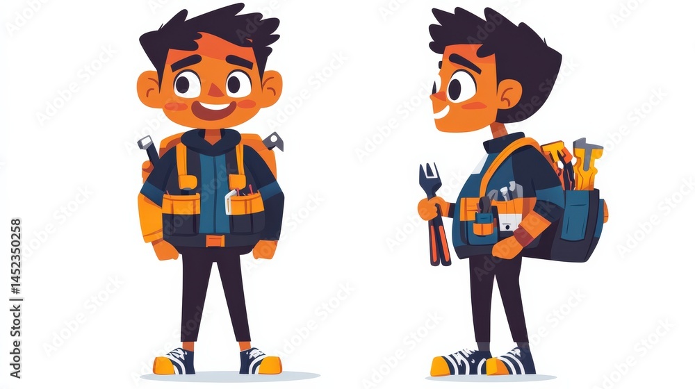 Animated character of a boy in work attire with tools and accessories for creative projects Animated character of a boy in work attire with tools and accessories for creative projects