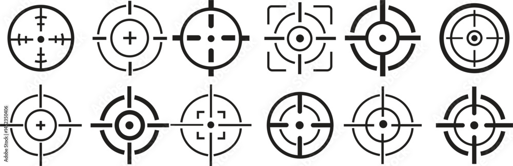 Obraz premium Target destination icon set. Aim sniper shoot group. Focus cursor bull eye mark collection. Vector