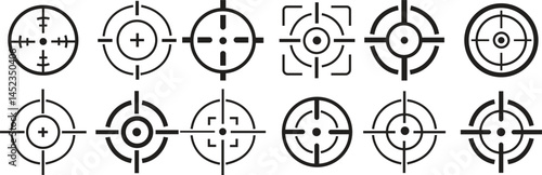 Target destination icon set. Aim sniper shoot group. Focus cursor bull eye mark collection. Vector
