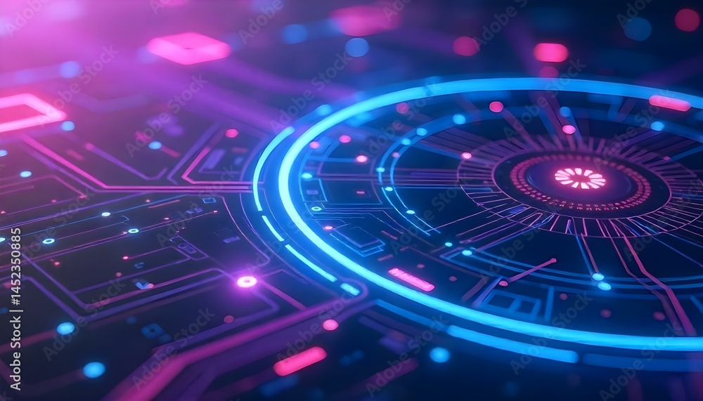 Abstract technology background with glowing neon lines, circles, and geometric shapes, vibrant pink and blue colors, futuristic design, high-tech feel Abstract technology background with glowing neon lines, circles, and geometric shapes, vibrant pink and blue colors, futuristic design, high-tech feel