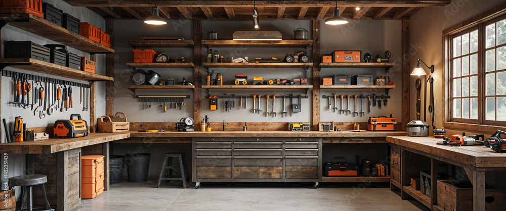 Rustic wood workshop interior with tools and equipment for carpentry and construction Rustic wood workshop interior with tools and equipment for carpentry and construction