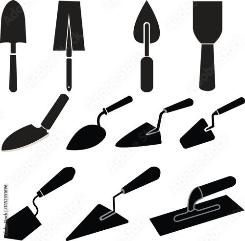 set of Simple trowel with handle sign web icons silhouette with black color. Minimalist shovel, spade or trowels solid icon design collection. construction icon group