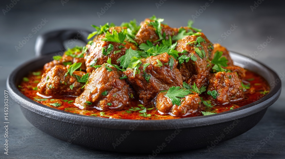 A plate of vindaloo curry with lamb chunks in a vibrant red sauce on a black cast‑iron dish under dramatic lighting with text space A plate of vindaloo curry with lamb chunks in a vibrant red sauce on a black cast‑iron dish under dramatic lighting with text space