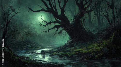Mysterious, moonlit forest scene by a spooky creek.