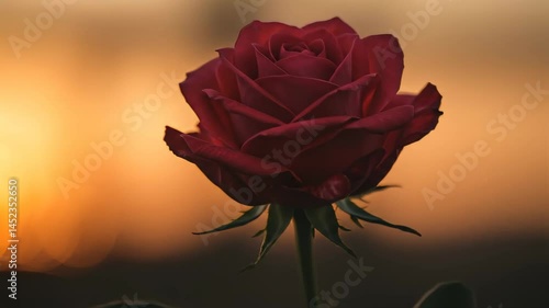 Close Up of a Deep Red Rose with a Golden Sunset Bokeh Background