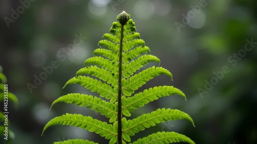 Close up Bright Green Fern Frond Against Blurred Lush Green Forest Background