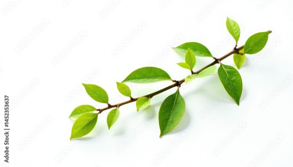 Fototapeta premium Single branch with small leaves isolated on white background, foliage, small branch, pure shape
