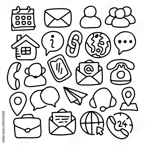 Doodle contact icons set. Communication icons set. hand drawn