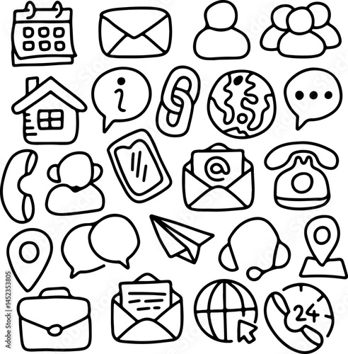 Doodle contact icons set. Communication icons set. hand drawn