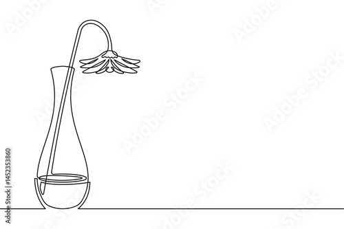 Wilted flowers in a vase filled with water, drawn in continuous line art style. A cartoon floral frame in minimalist black linear design, isolated on a white background