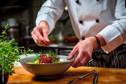 A chef carefully garnishes a vibrant bowl of gourmet pasta in a busy kitchen, surrounded by fresh herbs and colorful ingredients, highlighting culinary skills and creativity