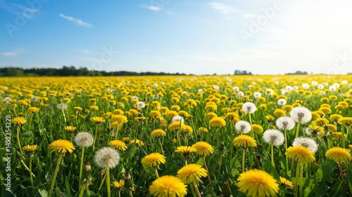 Vibrant Yellow Dandelion Field Against Blue Sky in Bright Sunlight Landscape
