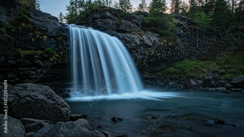 Waterfall Cascading Over Rocks With Lush Green Vegetation and Tranquil Water