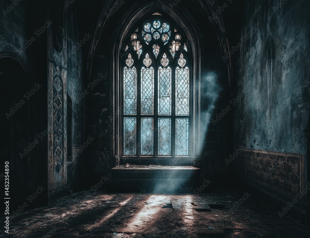 Fototapeta premium Gothic interior with stained-glass window and spectral figure.