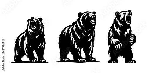 Roaring Grizzly Bear Mascot Vector Set in Black and White