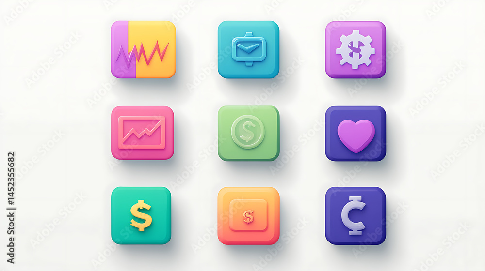 Minimalist finance icons including charts, wallets, and currency symbols in bright colors with no shadow Minimalist finance icons including charts, wallets, and currency symbols in bright colors with no shadow