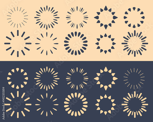 A set of sun rays on a light and dark background. Ray-shaped logos in retro style. Vector EPS 10.