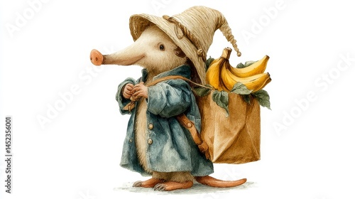 Adorable Cartoon Opossum Character with Hat and Banana Bag