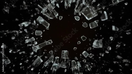 Dynamic Glass Shattering And Breaking On Black Background In A Concentric Burst