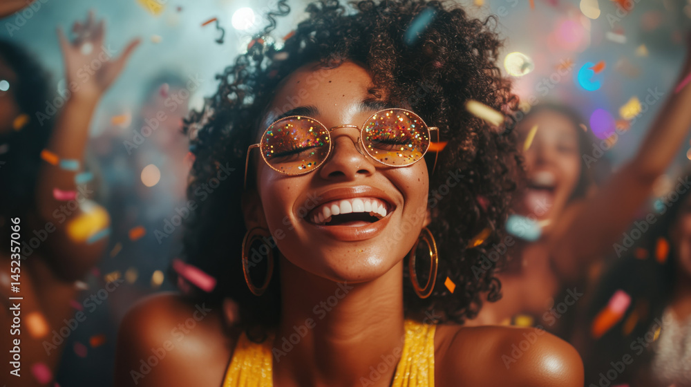 diverse group of young adults celebrating New Year’s Eve confetti flying and everyone smiling and cheering in a glowing diverse group of young adults celebrating New Year’s Eve confetti flying and everyone smiling and cheering in a glowing