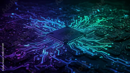 Glowing Circuit Board with Intricate Blue and Green Lines on Dark Surface