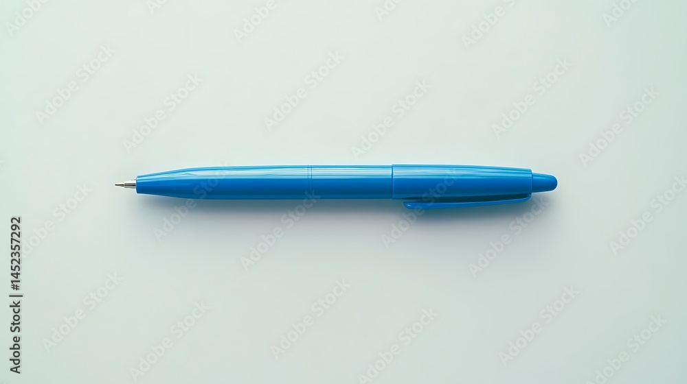 A simple blue ballpoint pen lying flat and centered on a seamless white background, top-down view with clean edges and soft shadow. Created Using: flat lay office product setup, macro detail lens, A simple blue ballpoint pen lying flat and centered on a seamless white background, top-down view with clean edges and soft shadow. Created Using: flat lay office product setup, macro detail lens,