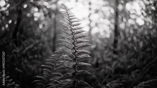 Monochrome Close Up of Fern Frond in a Dark Forest Setting with bokeh