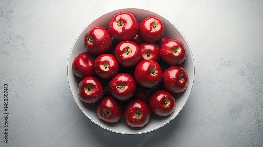 A white ceramic bowl overflowing with red apples, placed centrally on a pure white surface, photographed from top view. Clean lighting with soft shadows. Created Using: DSLR overhead shot,