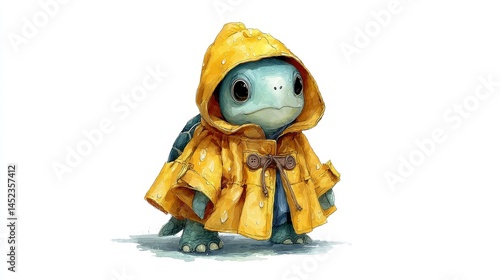 Cute Cartoon Turtle in Yellow Raincoat on White Background