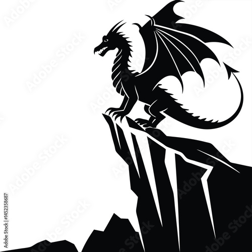 Black Dragon Silhouette on Cliff Edge Vector Illustration Fantasy Art