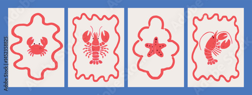 Crab, lobster, starfish watercolor illustrations in red with abstract wavy frames. Marine animal posters in doodle cartoon style. Flat vector illustration. Isolated on light background.