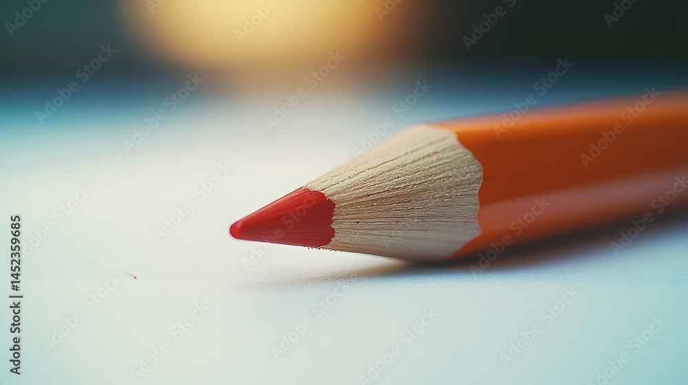 Obraz premium Freshly sharpened pencil with red eraser tip, laid flat on seamless white backdrop, viewed from a side angle with soft focus in background. Created Using: side product lighting,