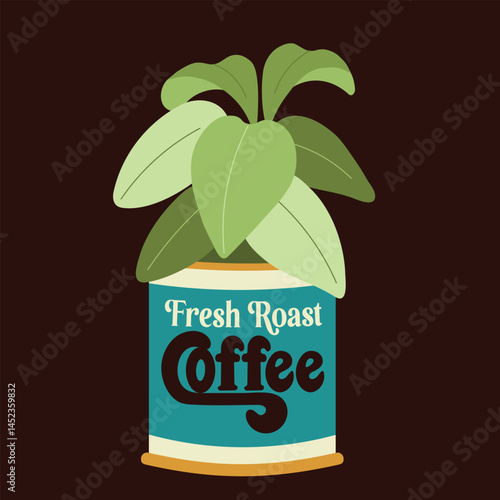 Fresh Roast Coffee Can with Plant Illustration Retro Vintage Style
