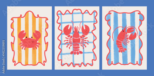 Watercolor posters with crab and lobster on striped yellow and blue backgrounds with red decorative frames. Hand drawn marine animals in doodle cartoon style. Vector illustration.