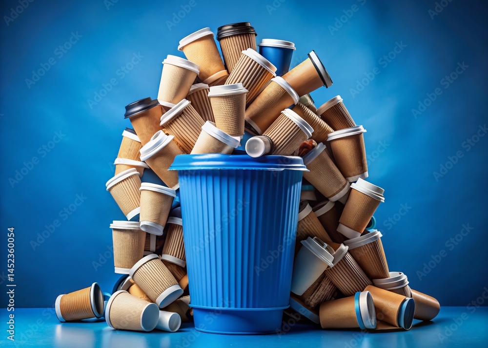 Overflowing Blue Recycling Bin with Used Coffee Cups - Stock Photo