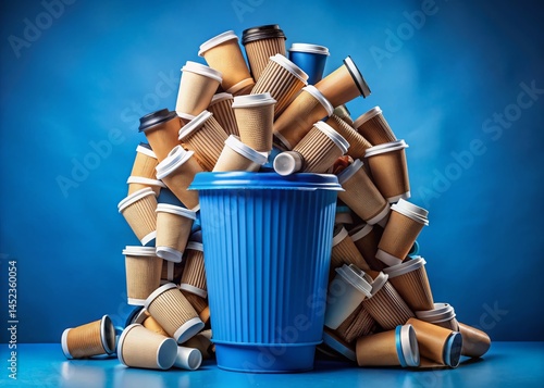 Obraz na płótnie Overflowing Blue Recycling Bin with Used Coffee Cups - Stock Photo w salonie
