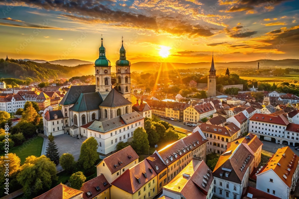 Obraz premium Panoramic Aerial View of Greiz Skyline at Sunset - Drone Photography