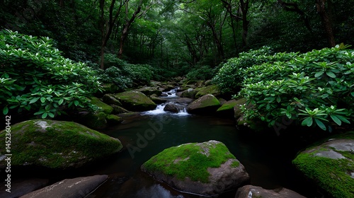 Serene Forest Stream Lush Greenery with Mossy Rocks.
