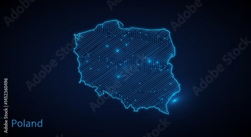 Futuristic glowing Poland map with circuit board design on dark gradient background