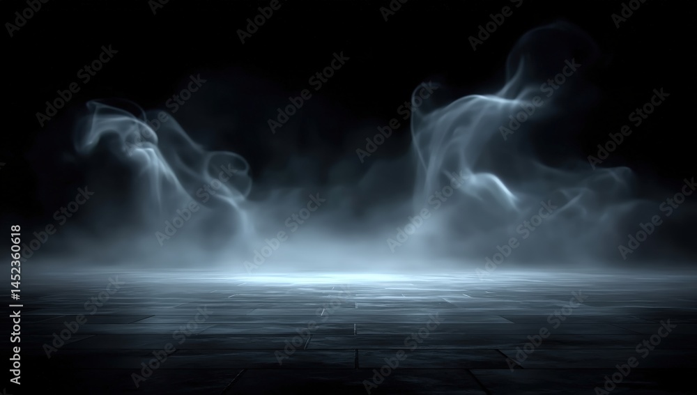 Fototapeta premium Wisps of smoke drift above a dark, mysterious tiled floor under dim, moody lighting.