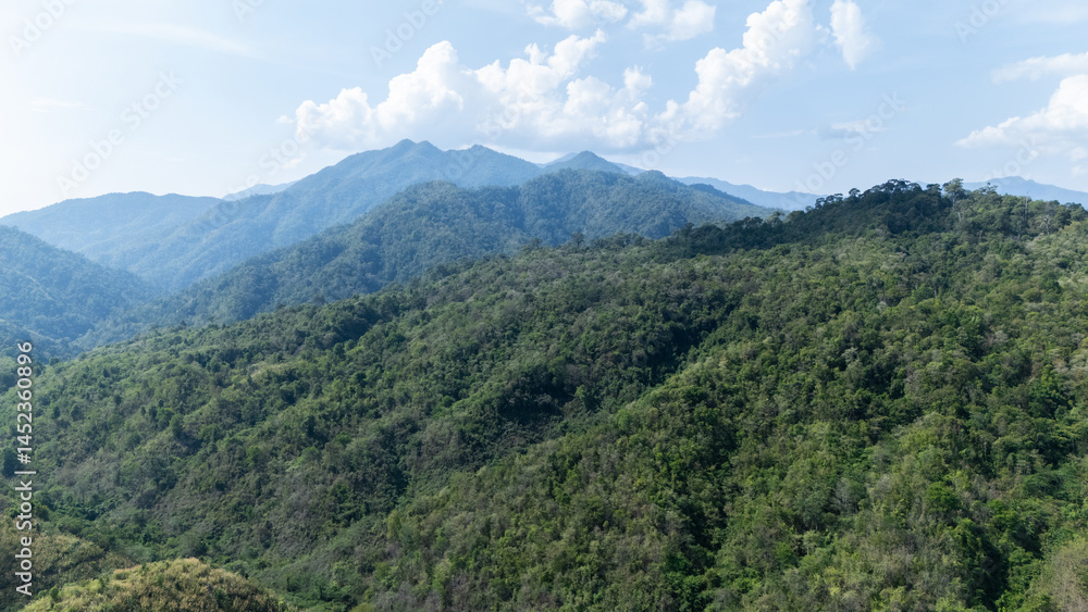 Lush green mountains covered with dense forest under a partly cloudy sky. Lush green mountains covered with dense forest under a partly cloudy sky.