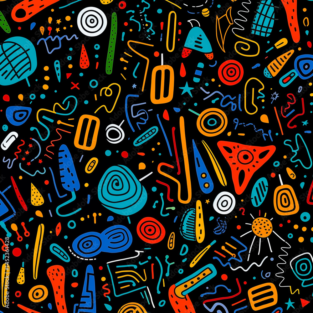 Obraz premium Colorful abstract doodle pattern with various shapes and lines on a dark background, perfect for creative projects.