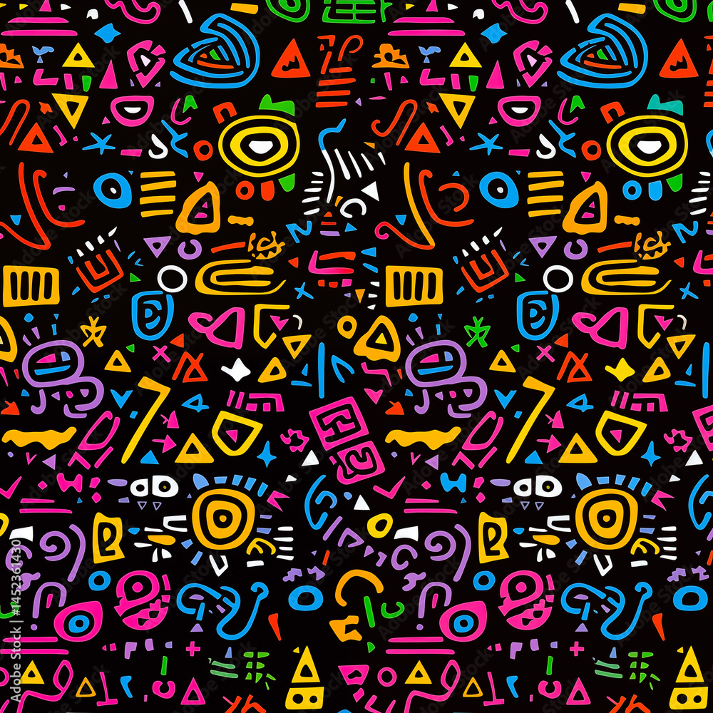 Colorful abstract doodle pattern featuring various shapes on a dark background.