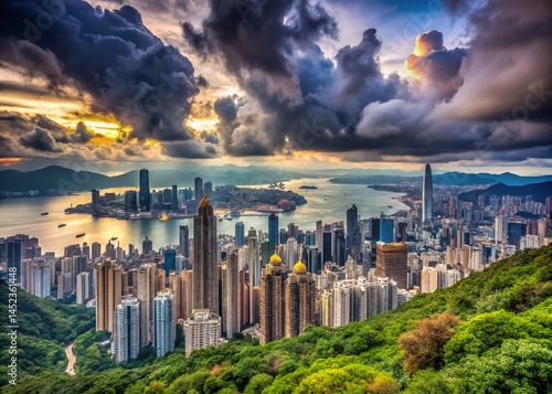 Panoramic Hong Kong Skyline from Hilltop, Cloudy Sky