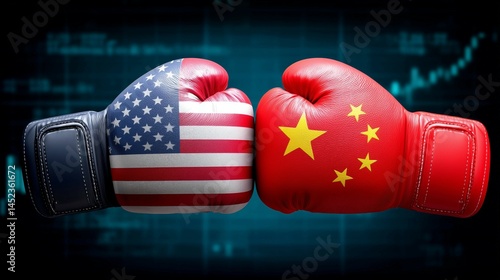 Boxing gloves with Chinese and American flags clash together,global competition in market trading