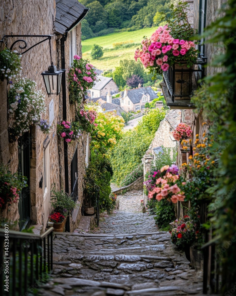 Fototapeta premium Charming stone pathway lined with vibrant flowers. Explore the picturesque beauty of a quaint village. Nature meets architecture in perfect harmony. Generative AI